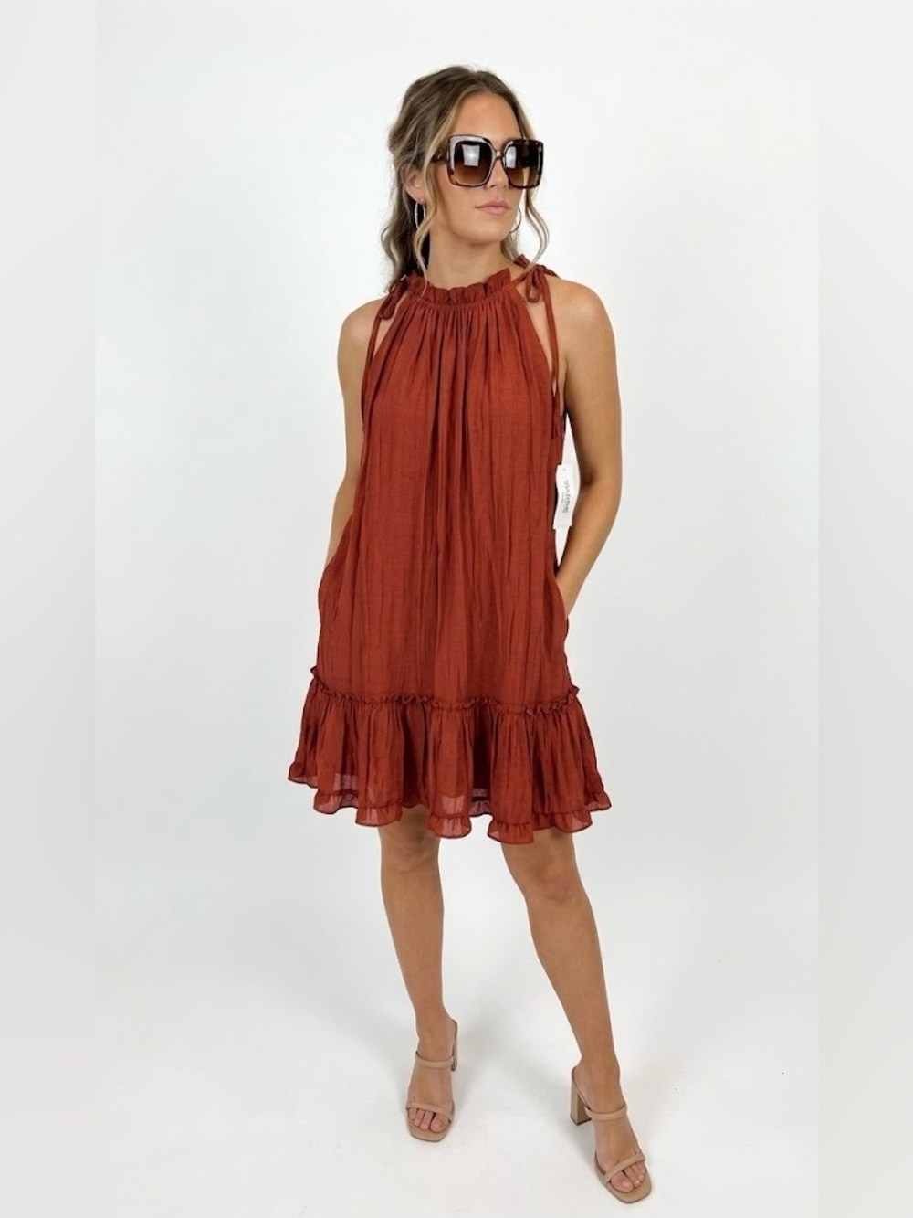 Signature Ruffled Maxi Dress in Deep Brick Red